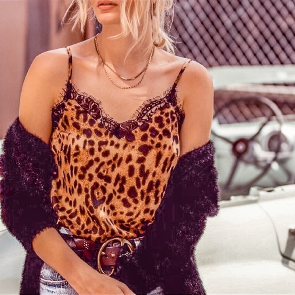 NEW! Leopard Animal Print Eyelash Lace Trim Cami - Picture 2 of 10